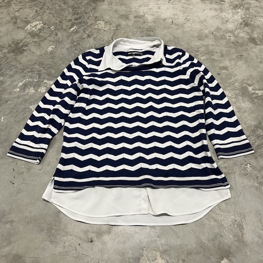 KARL LAGERFELD Women's Sweater with Built-in Shirt Details Blue